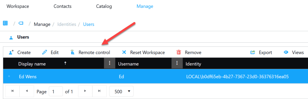 manage -> users -> remote control