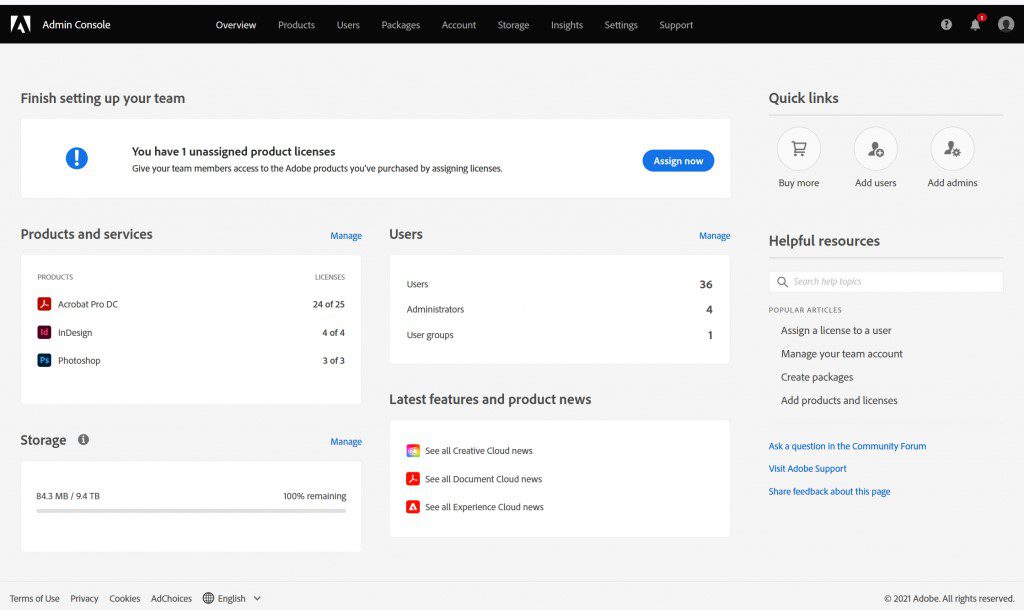 Adobe Admin Console dashboard