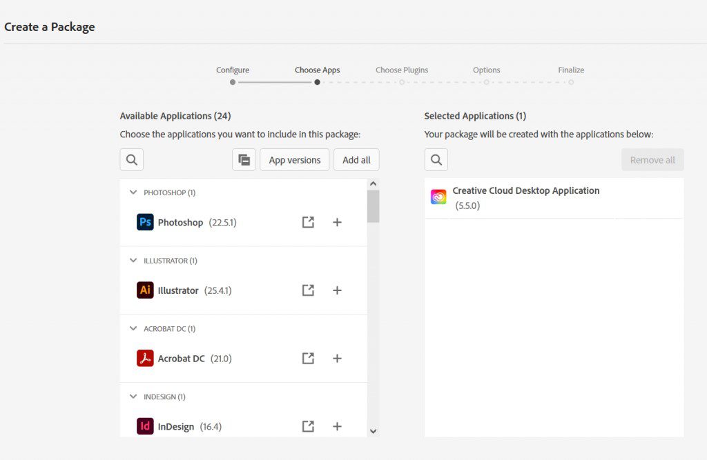 Create package - all Adobe apps listed