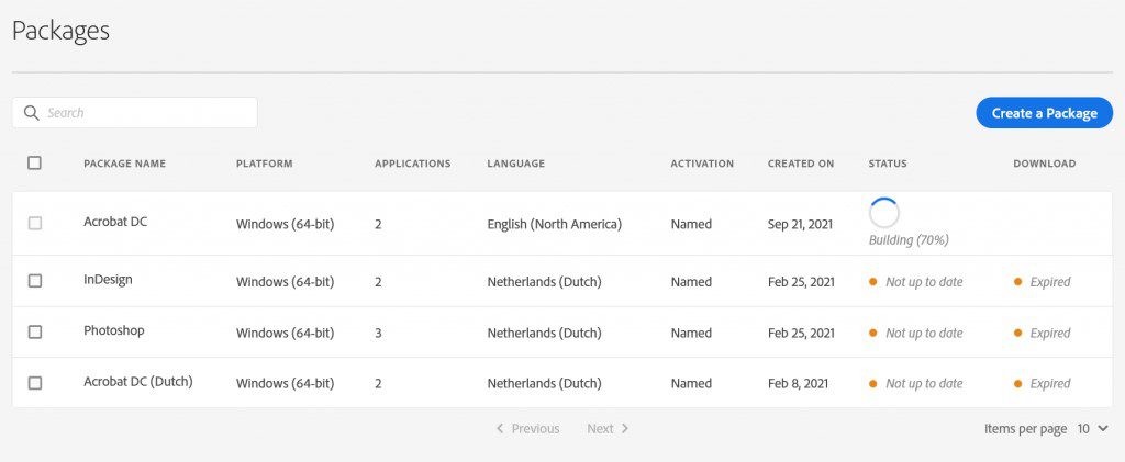 Adobe Admin Console starts building the Acrobat DC package