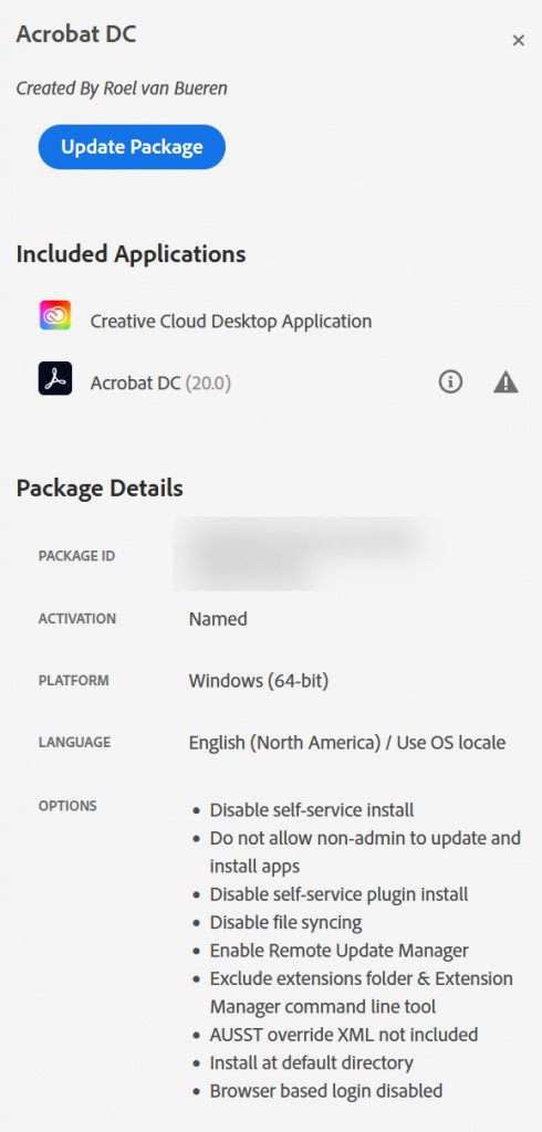 Click Adobe package - details