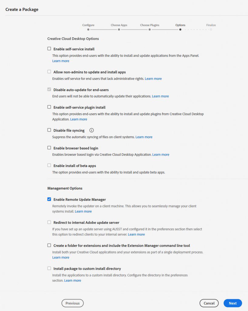 Create a Package - Creative Cloud Desktop Options