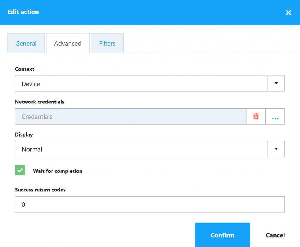 set the ‘Context’ to ‘Device’ and check 'Wait for completion'