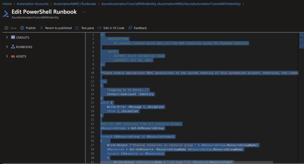 Azure automation - PowerShell Runbook