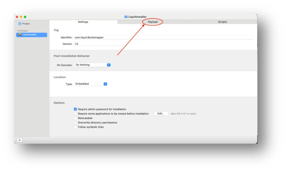 Application Workspace Deployments for Mac - click payload tab