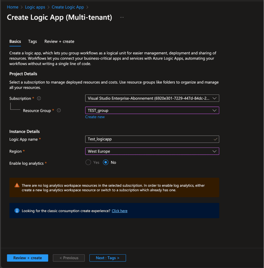 Configuring logic app