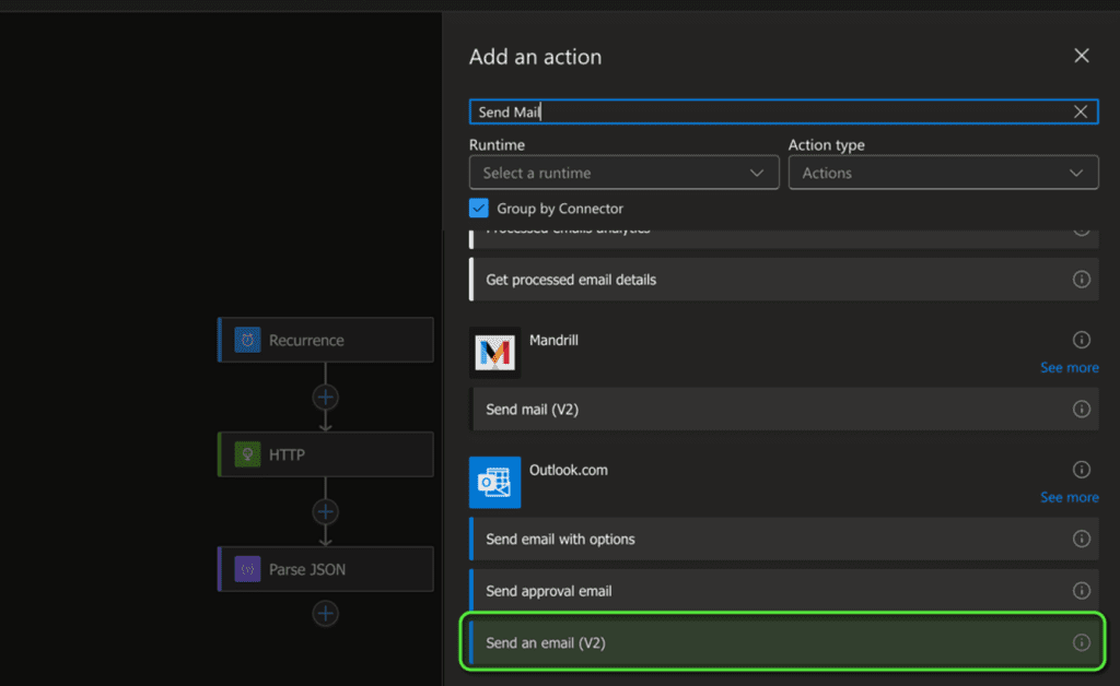 Azure Logic Apps - add an action - send an email