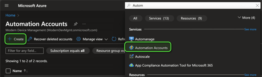 Automating Intune Tasks with Azure Automation - Create Automation Account