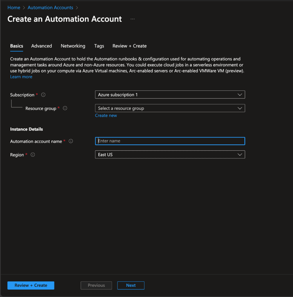 Automating Intune Tasks with Azure Automation - Name Automation Account